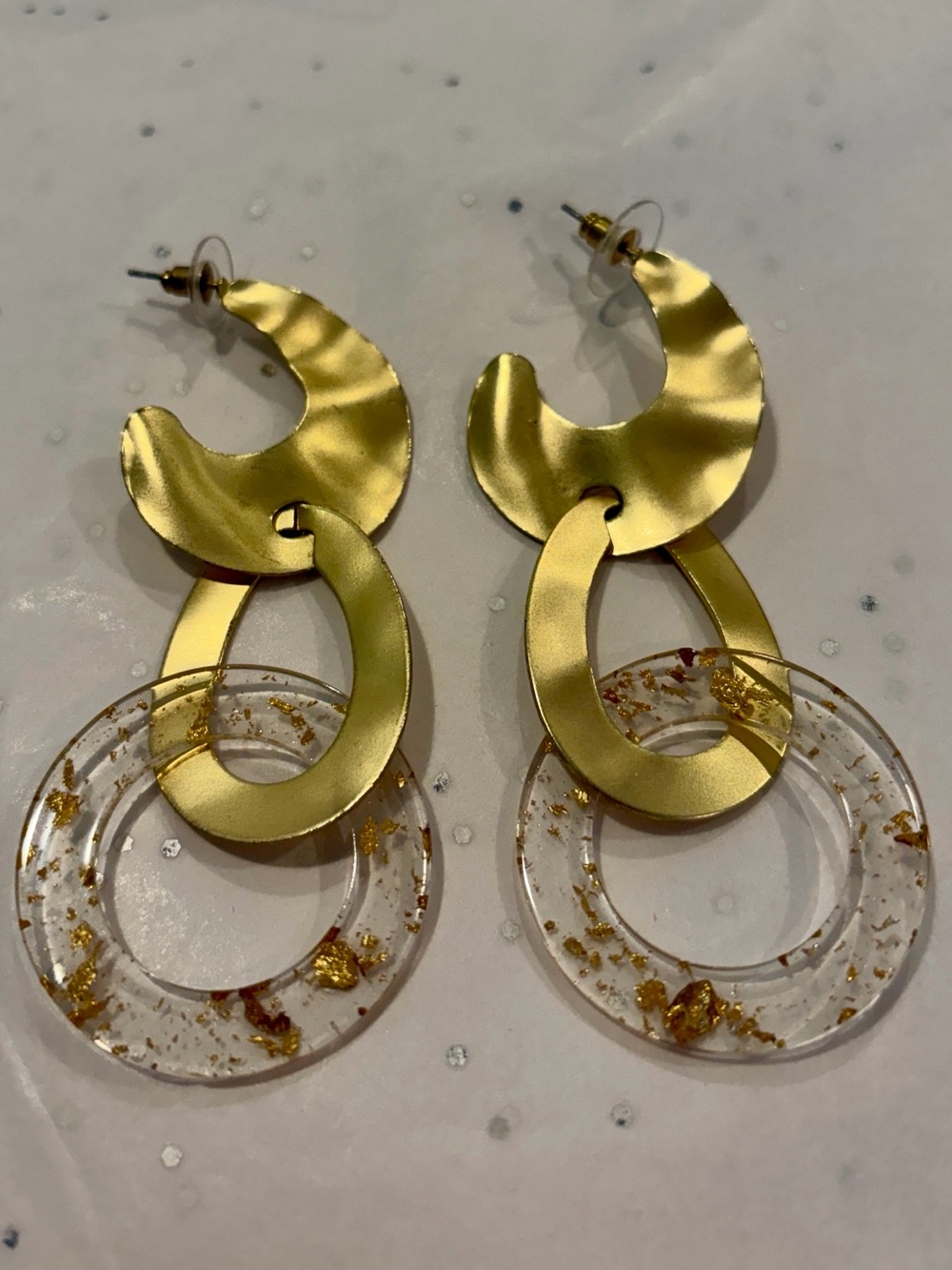 Gold Link Drop Earrings with Clear Gold-Fleck Hoops - Picture 4 of 4